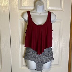 SUMMER MAE Two-Piece Swimsuit, Women’s Size L, Burgundy Black White
